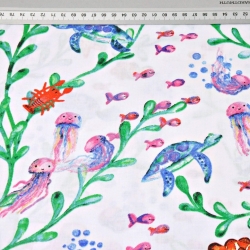 Baumwolle 100% Schildkröten und Quallen auf weißem Hintergrund  