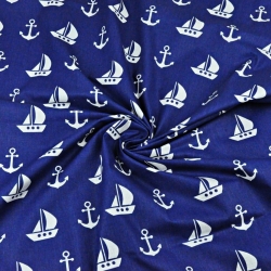 Baumwolle 100% - weiße Anker und Schiffe auf dunkelblauem Hintergrund  