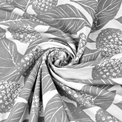 Baumwolle 100% Blätter mit Ananas grau auf weißem Hintergrund  
