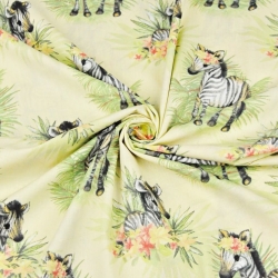 Baumwolle 100% Zebras mit Blättern auf ecrufarbenem Hintergrund  