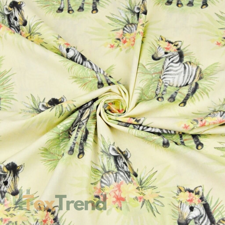 Baumwolle 100% Zebras mit Blättern auf ecrufarbenem Hintergrund  