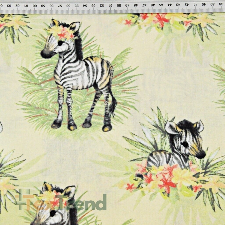 Baumwolle 100% Zebras mit Blättern auf ecrufarbenem Hintergrund  