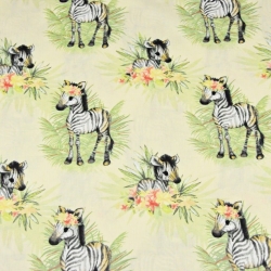 Baumwolle 100% Zebras mit Blättern auf ecrufarbenem Hintergrund  