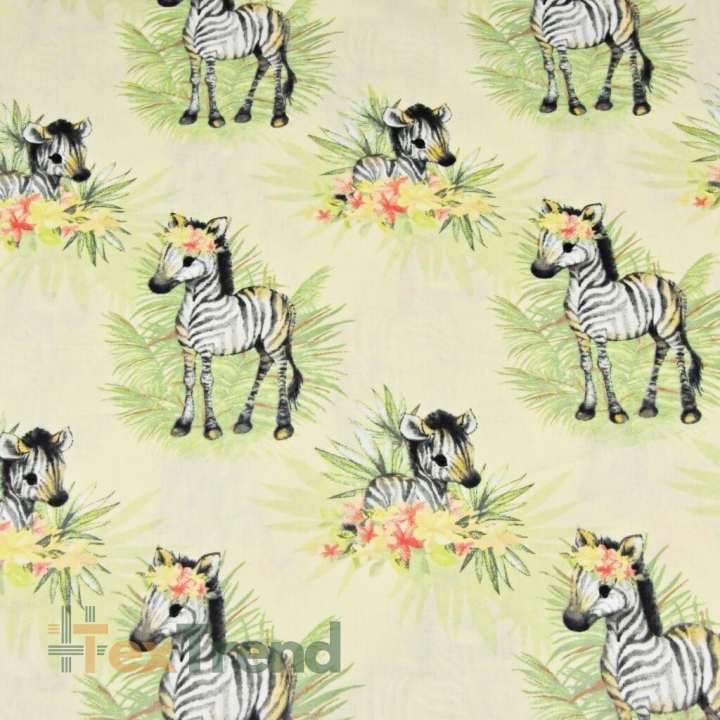 Baumwolle 100% Zebras mit Blättern auf ecrufarbenem Hintergrund  