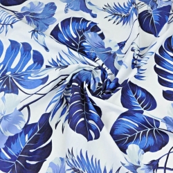 Baumwolle 100% Blätter mit Hibiskusblüte blau auf weißem Hintergrund - 220cm  