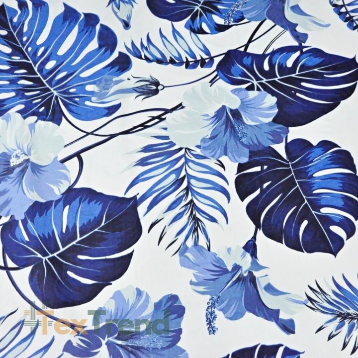Baumwolle 100% Blätter mit Hibiskusblüte blau auf weißem Hintergrund - 220cm  