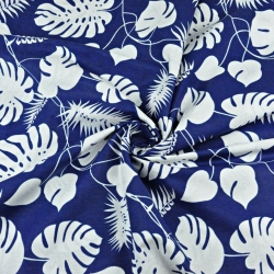 100% Baumwolle - weiße Blätter auf dunkelblauem Hintergrund  