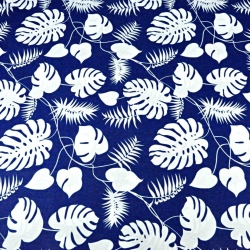 100% Baumwolle - weiße Blätter auf dunkelblauem Hintergrund  