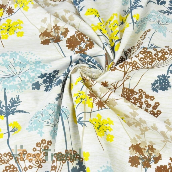 Baumwolle 100% Dillblüten blau-gelb auf beigem Hintergrund  
