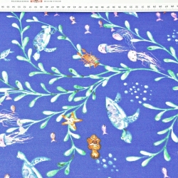 Baumwolle 100% Schildkröten und Quallen auf navyblauem Hintergrund  