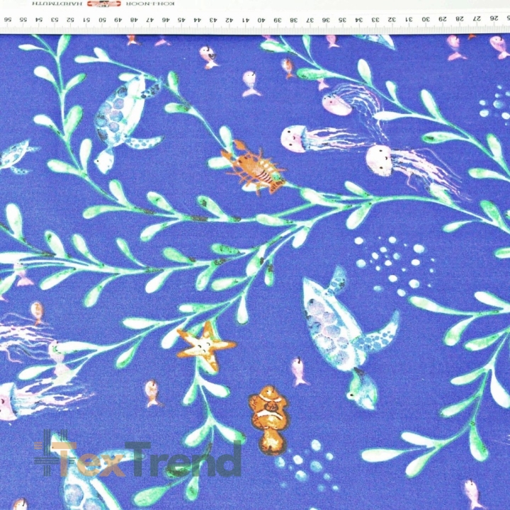 Baumwolle 100% Schildkröten und Quallen auf navyblauem Hintergrund  