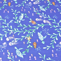 Baumwolle 100% Schildkröten und Quallen auf navyblauem Hintergrund  