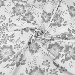 Baumwolle 100% - graue Blumen auf weißem Hintergrund  