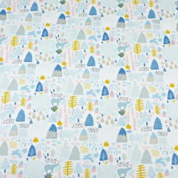 100% Baumwolle - blaue MINI Bären mit Bäumen auf weißem Hintergrund  