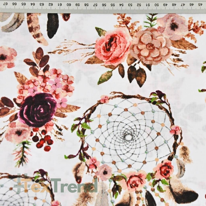Baumwolle 100% Traumfänger schmutzig rosa mit Blumen auf weißem Hintergrund - 220cm  