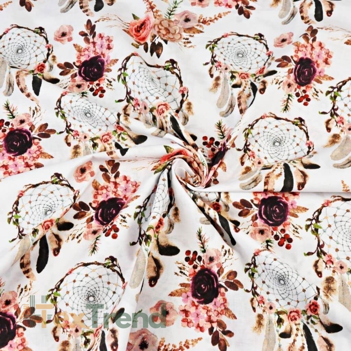 Baumwolle 100% Traumfänger schmutzig rosa mit Blumen auf weißem Hintergrund - 220cm  