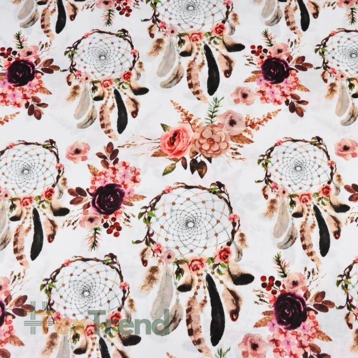 Baumwolle 100% Traumfänger schmutzig rosa mit Blumen auf weißem Hintergrund - 220cm  