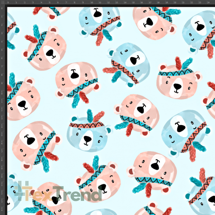 Interlock Jersey Digitaldruck - Indianer-Bären auf hellblauem Hintergrund