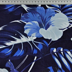 Baumwolle 100% Blätter mit Hibiskusblüte blau auf marineblauem Hintergrund - 220cm  