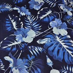 Baumwolle 100% Blätter mit Hibiskusblüte blau auf marineblauem Hintergrund - 220cm  