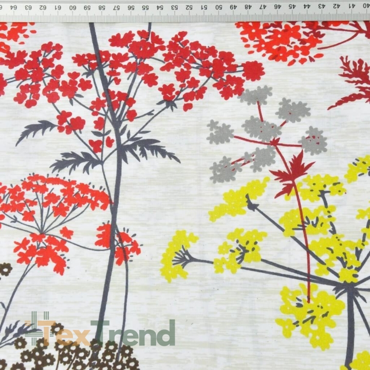 Baumwolle 100% Dillblüten rot-gelb auf beigem Hintergrund - 220cm  