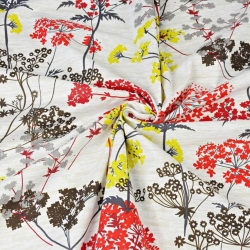 Baumwolle 100% Dillblüten rot-gelb auf beigem Hintergrund - 220cm  