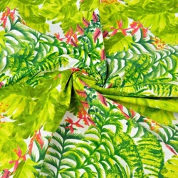 Baumwolle 100% grüne Palmenblätter mit rosa Orchidee auf weißem Hintergrund - 220cm  