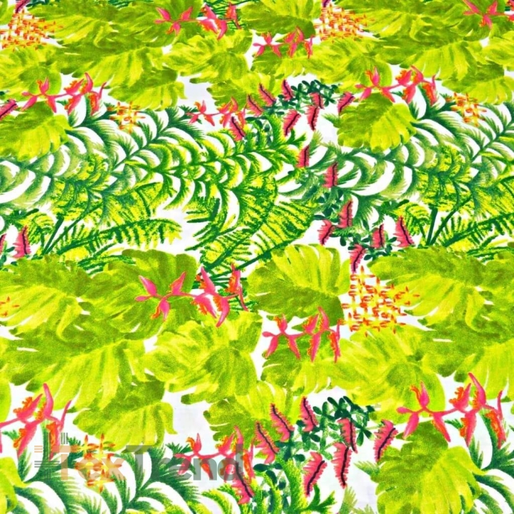 Baumwolle 100% grüne Palmenblätter mit rosa Orchidee auf weißem Hintergrund - 220cm  