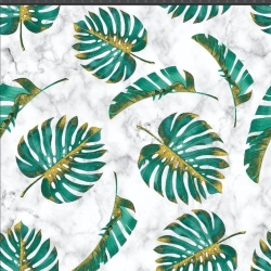 Jersey Stoff Digitaldruck - Monstera-Blätter grün-gold auf weißem Marmor-Hintergrund  