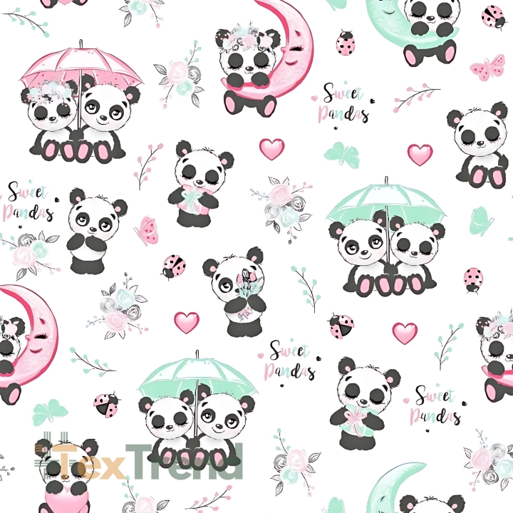 100% Baumwolle - Pandas mit Regenschirm auf weißem Hintergrund  