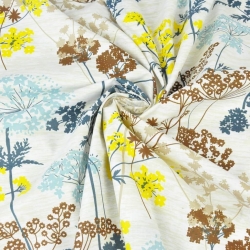 Baumwolle 100% Dillblüten blau-gelb auf beigem Hintergrund - 220cm  