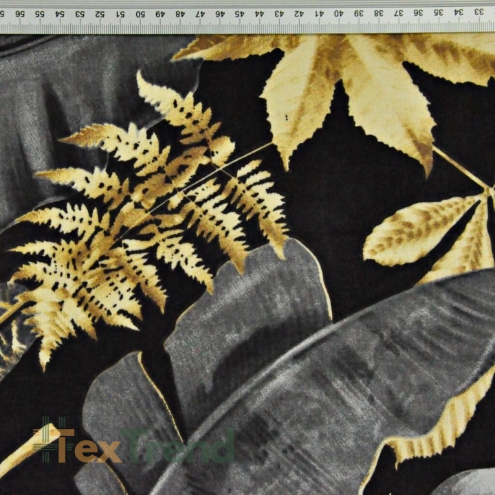 Baumwolle 100% große Blätter dunkelgrau-golden auf schwarzem Hintergrund - 220cm  