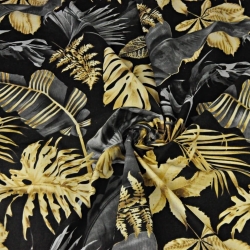 Baumwolle 100% große Blätter dunkelgrau-golden auf schwarzem Hintergrund - 220cm  
