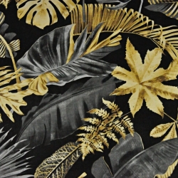 Baumwolle 100% große Blätter dunkelgrau-golden auf schwarzem Hintergrund - 220cm  