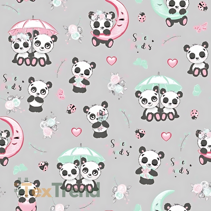 100% Baumwolle - Pandas mit Regenschirm auf hellgrauem Hintergrund  