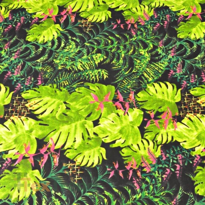 Baumwolle 100% grüne Palmenblätter mit rosa Orchidee auf schwarzem Hintergrund - 220cm  