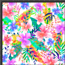 Jersey Stoff Digitaldruck Blumen und Blätter neon auf weißem Hintergrund  