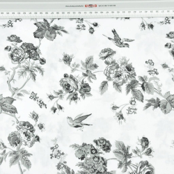 100% Baumwolle graue Röschen mit Vögeln auf weißem Hintergrund - 220cm  