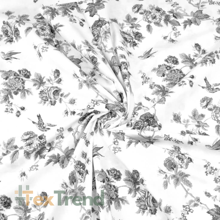 100% Baumwolle graue Röschen mit Vögeln auf weißem Hintergrund - 220cm  