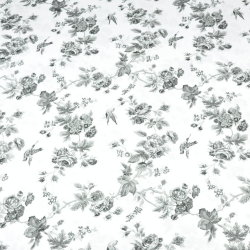 100% Baumwolle graue Röschen mit Vögeln auf weißem Hintergrund - 220cm  