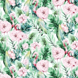 Baumwolle 100% Flamingos in Monstera-Blättern mit Blumen auf weißem Hintergrund  