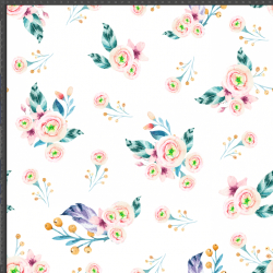 Interlock-Jersey Digitaldruck - rosa-grüne Sträuße auf weißem Hintergrund  