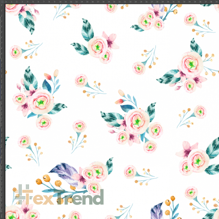 Interlock-Jersey Digitaldruck - rosa-grüne Sträuße auf weißem Hintergrund  