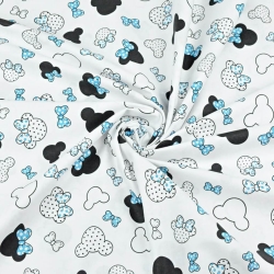 Baumwolle 100% - kleine schwarz-türkisfarbene Miki mit Schleife auf weißem Hintergrund  