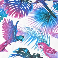Baumwolle 100% große Blätter blau-violett mit Papageien auf weißem Hintergrund - 220cm  