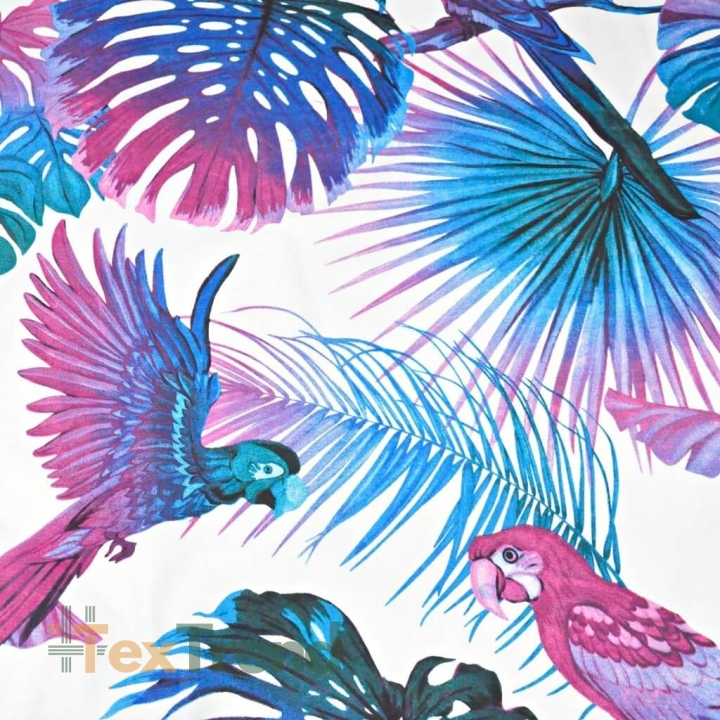 Baumwolle 100% große Blätter blau-violett mit Papageien auf weißem Hintergrund - 220cm  