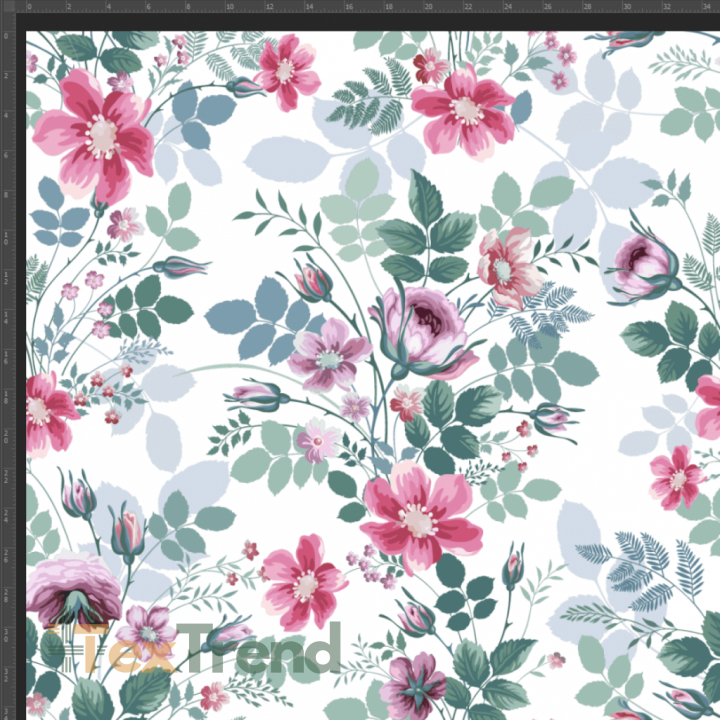 Jersey Stoff Digitaldruck Blumensträuße rosa-grün auf weißem Hintergrund  