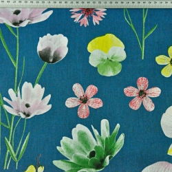 Baumwolle 100% Frühlingsblumen auf smaragdgrünem Hintergrund  