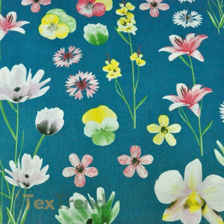Baumwolle 100% Frühlingsblumen auf smaragdgrünem Hintergrund  