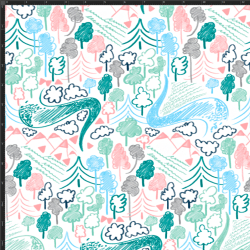 Interlock-Jersey Digitaldruck - pastellfarbene Zeichnungen auf weißem Hintergrund  